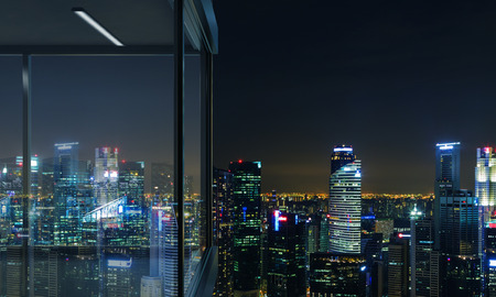 Side view of panoramic balcony design with illuminated  city view at night. 3D Rendering