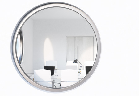 Front view of round window with conference room view. 3D Rendering