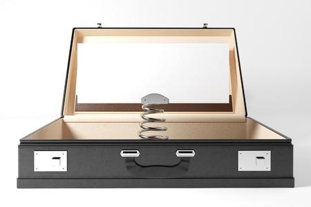 Metal spring with blank banner coming out of black suitcase. Mock up, 3D Renderingの写真素材