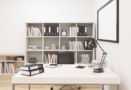 Creative modern office interior with workplace, bookshelf and blank picture frame. Mock up, 3D Renderingの写真素材