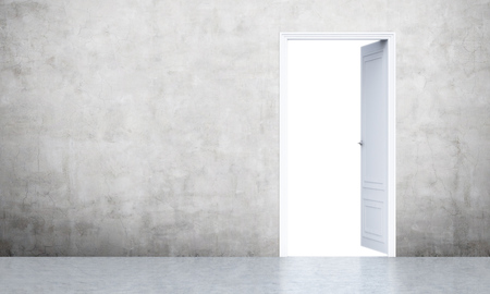 Conceptual image of open door in concrete room interior with copy space. 3D Renderingの写真素材