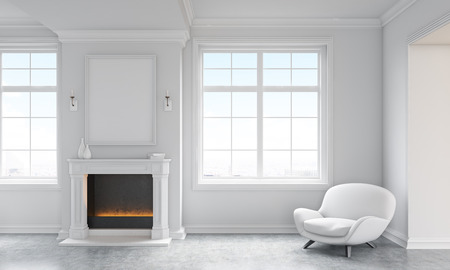Front view of classic living room interior with concrete floor, white armchair, windows with city view and a blank picture frame above fireplace. Mock up, 3D Renderingの写真素材