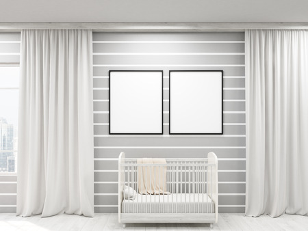 Nursery with two posters, bed and large windows, frames. Concept of cozy apartment. 3d rendering. Mock upの写真素材