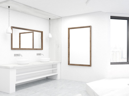 Bathroom corner with two sinks, podium, mirrors and window. Concept of cleanness and body pleasures. 3d rendering. Mock up.の写真素材