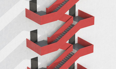 Side view of flights of stairs with red railings. Concept of progress and success. 3d rendering.の写真素材