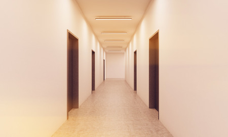 Corridor with lots of dark brown doors. White walls and ceiling, concrete floor. Concept of hotel lobby. 3d rendering. Mock up. Toned imageの写真素材