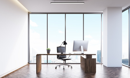 Office view with panoramic window, wooden floor, column and white walls. Concept of manager's work. 3d rendering. Mock upの写真素材