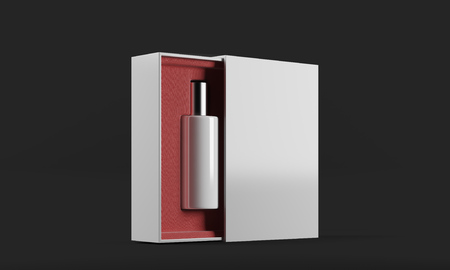 White bottle of perfume in white and red half open box against black background. Concept of new unusual scent. 3d rendering. Mock upの写真素材