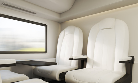 Two white and black leather armchairs in modern train compartment. Concept of comfortable journey. 3d renderingの写真素材
