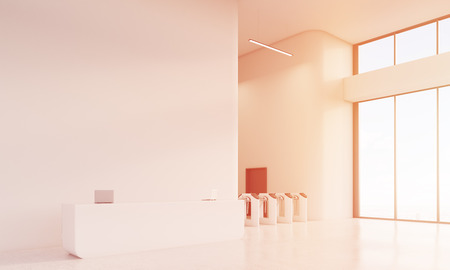 Large window. Sunlit reception counter. Turnstiles around the corner. Concept of marketing company...