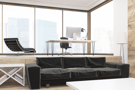 Close up of large sofa in CEO office in large city. Massage chair is standing near working place with computer. Concept of excellent working conditions. 3d renderingの写真素材