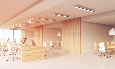 Office interior with computers and conference rooms. Number seven on one of the computer screens. 3d rendering, toned imageの写真素材