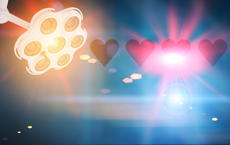 Surgical lamp and four heart sketches against blurred blue background with sunlight spots. Toned image. Double exposureの写真素材