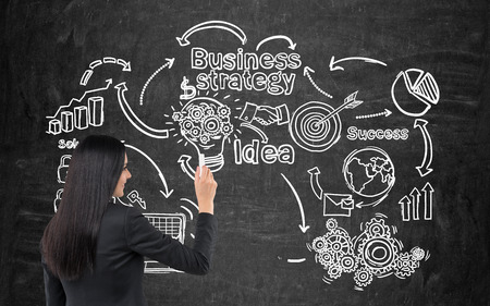 Rear view of woman drawing a startup sketch on blackboard. Concept of opening a new company and succeedingの写真素材