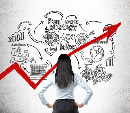 Rear view of woman with black hair looking at startup sketch and red growing graph on concrete wall. Concept of analysis.の写真素材