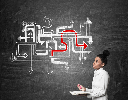 Side view of African American girl with notebook standing near blackboard with tangled arrow sketches. Concept of decision makingの写真素材