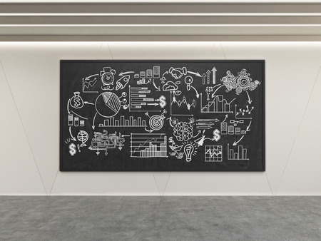 Startup sketch drawn on blackboard in room with concrete floor. Concept of small business foundation. 3d renderingの写真素材