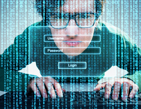 Close up of nerdy guy with keyboard and blue data flow with login window on the foreground. Concept...