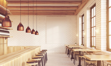 Bar interior with stools, tables and large vertical poster on brick wall. Concept of pub culture. 3d rendering. Mock up. Toned imageの写真素材
