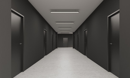 Perspective of office corridor with two rows of doors and an exit in the end. Concept of alternative and choice. 3d rendering. Mock up.の写真素材