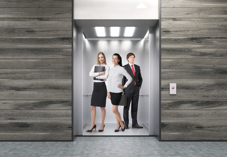 People standing in elevator in corridor with wooden walls. Concept of large company routine. 3d...