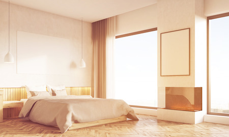 Side view of bedroom and home office interior. Desk is standing near master bed. Large panoramic window. Concept of working at home. 3d rendering. Mock up. Toned imageの写真素材