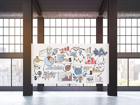 Huge horizontal business poster attached to pillars in a loft. Concept of motivating your business team to gain success. 3d rendering. Mock upの写真素材