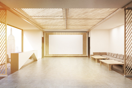 Modern New York office with large horizontal poster on wooden door, reception counter, coffee tables and sofas. Concept of waiting room. 3d rendering. Mock up. Toned imageの写真素材