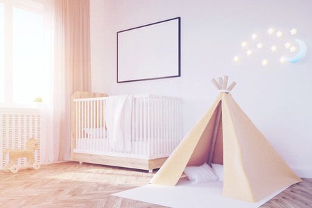 Corner of baby's room with a crib, a tent, a large window and two framed posters hanging on white walls. 3d rendering. Mock up. Toned imageの写真素材