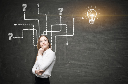 Close up of a blond businesswoman with crossed arms standing near a blackboard with an arrow labyrinth and a light bulb sketch. Mock upの写真素材