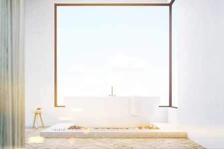 Front view of a bathroom interior with a wooden wall, white bathtub with a towel and panoramic windows. 3d rendering. Mock up. Toned imageの写真素材