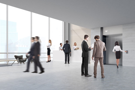People walking and talking in an elevator hall with a reception counter and two secretaries. 3d...