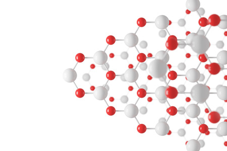 White and red atom grid with hexagonal structure against a white wall. Concept of chemistry and...