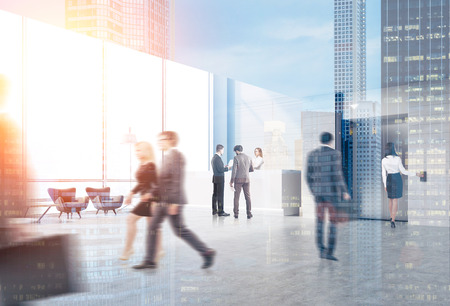 Rear view of business people in an elevator hall of their office. There is a reception desk in the corner. Panoramic windows. 3d rendering. Toned image. Mock up. Double exposure.の写真素材