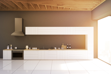 Gray kitchen interior with marble floor, gray walls and a panoramic window. There is a countertop, an oven and a kitchen exhaust. 3d rendering. Toned imageの写真素材