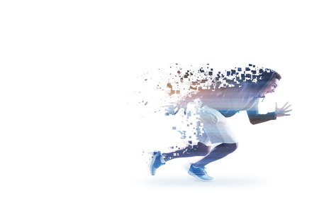 Side view of an African American athlete. He is wearing short and a hoodie and running fast. He is made of jigsaw puzzle pieces. White background. Mock upの写真素材