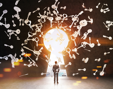 Rear view of a businessman standing with his hands in the pockets and looking at a city through a giant keyhole opening in a wall. Keys falling down. Toned imageの写真素材