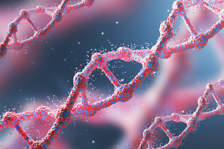 Three red diagonal DNA chains against dark blue background. Concept of science. 3d rendering.の写真素材