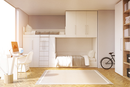 Gray teenager room wtih a computer standing on a desk, a bunk bed and a bike. 3d rendering, toned imageの写真素材