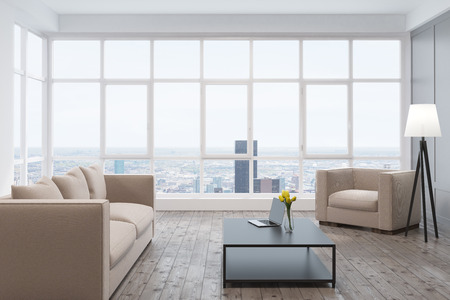 Side view of a living room interior with a large beige sofa, a coffee table and a panoramic window. 3d rendering.の写真素材