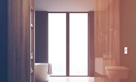 Front view of a bathroom with a tub, a toilet and a window. Walls are made of dark wood. 3d rendering, toned imageの写真素材