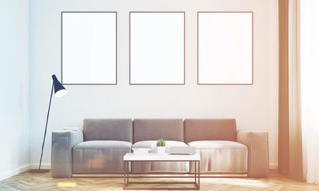 Front view of a living room with gray walls, a long sofa and three framed vertical posters hanging above it. 3d rendering, mock up, toned imageの写真素材
