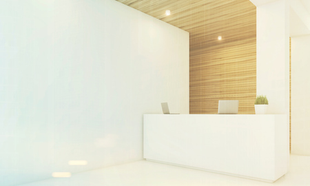 Side view of a reception desk standing in an office with light wooden wall elements. 3d rendering, mock up, toned imageの写真素材