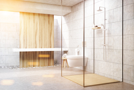 Gray bathroom interior with a wooden panel, a shower with glass walls, a double sink and a toilet. 3d rendering, toned image.の写真素材