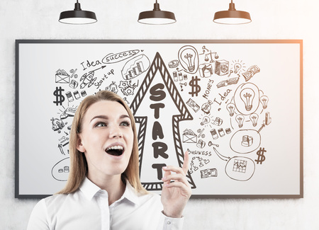 Portrait of a happy blond businesswoman wearing a white blouse and standing near a whiteboard with a start up sketch on it. Toned imageの写真素材
