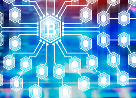 Large bitcoin symbol is the center of a large glowing network. Blurred blue and purple background....