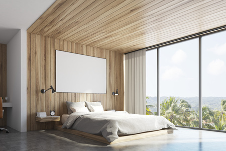 Corner of a light wooden wall bedroom interior with a double bed, a bedside table, a horizontal poster and a large window with mountain view. 3d rendering, mock upの写真素材