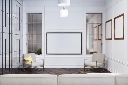 Front view of a cozy living room with two armchairs, a sofa and a glass wall with a geometric...