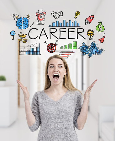 Portrait of a blond woman in a gray sweater screaming with joy and absolutely happy about her career choice in a white office. 3d renderingの写真素材