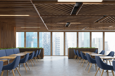 Front view of a modern cafe or a coffee shop interior with dark wooden walls, panoramic windows and...